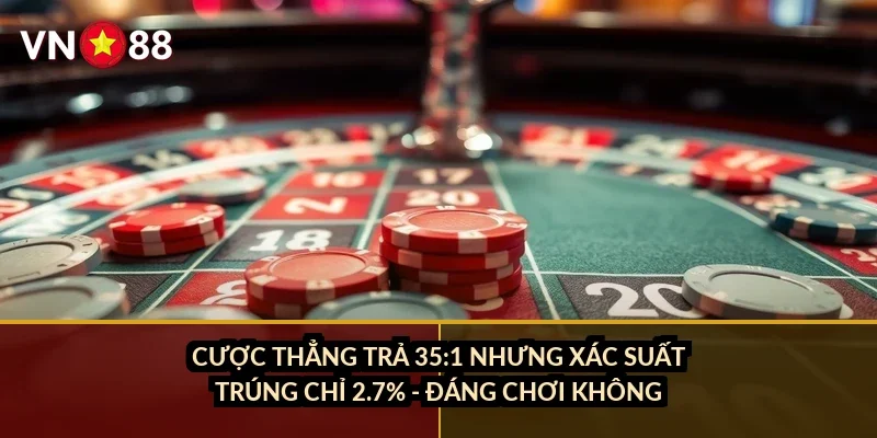 Roulette quay số may mắn VN88: chọn bàn nào, đặt cược ra sao? 3 Cược thẳng trả 35:1 nhưng xác suất trúng chỉ 2.7% - đáng chơi không?